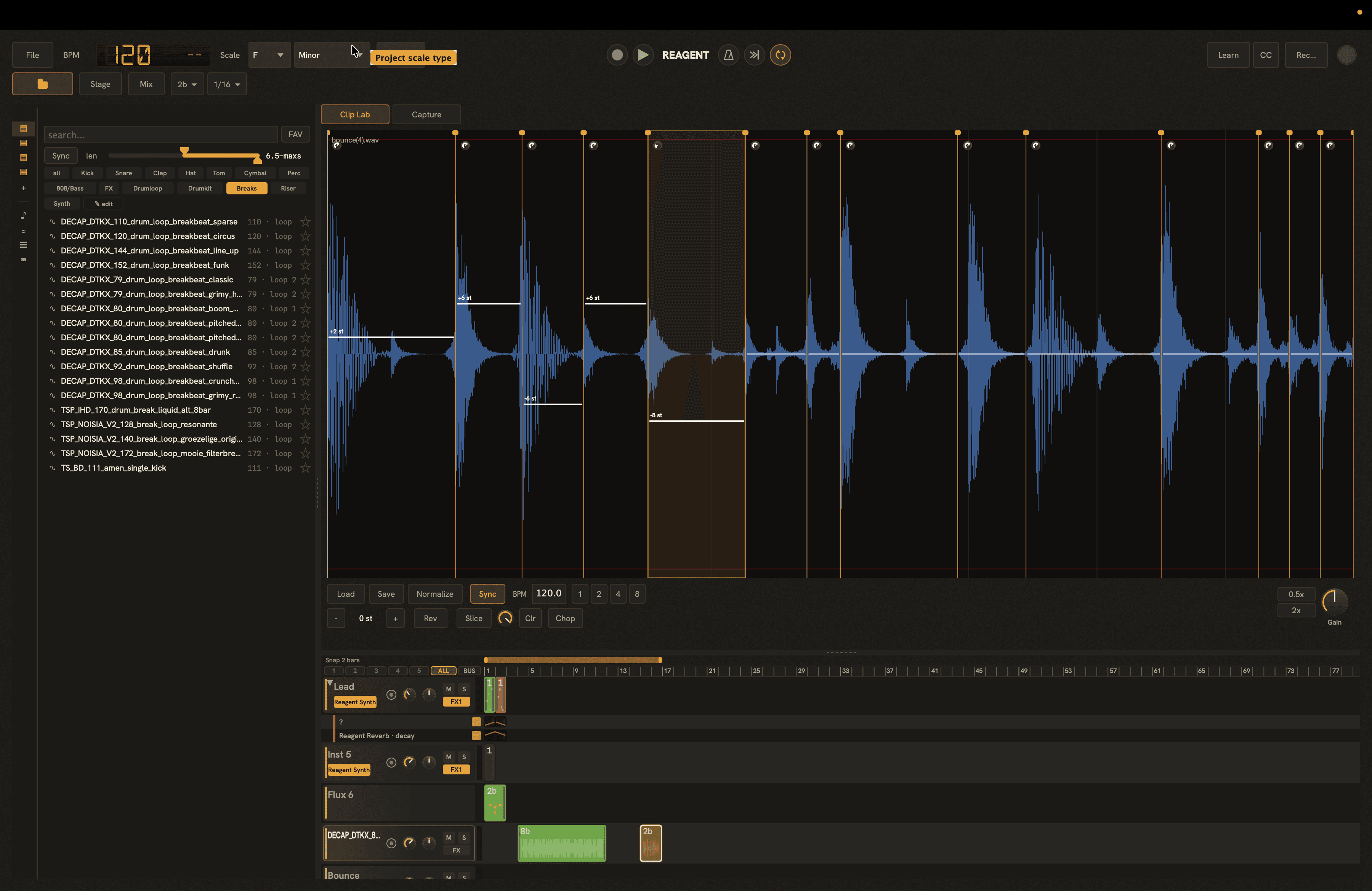 Reagent's Clip Lab: a sliced breakbeat with per-slice pitch and tempo sync