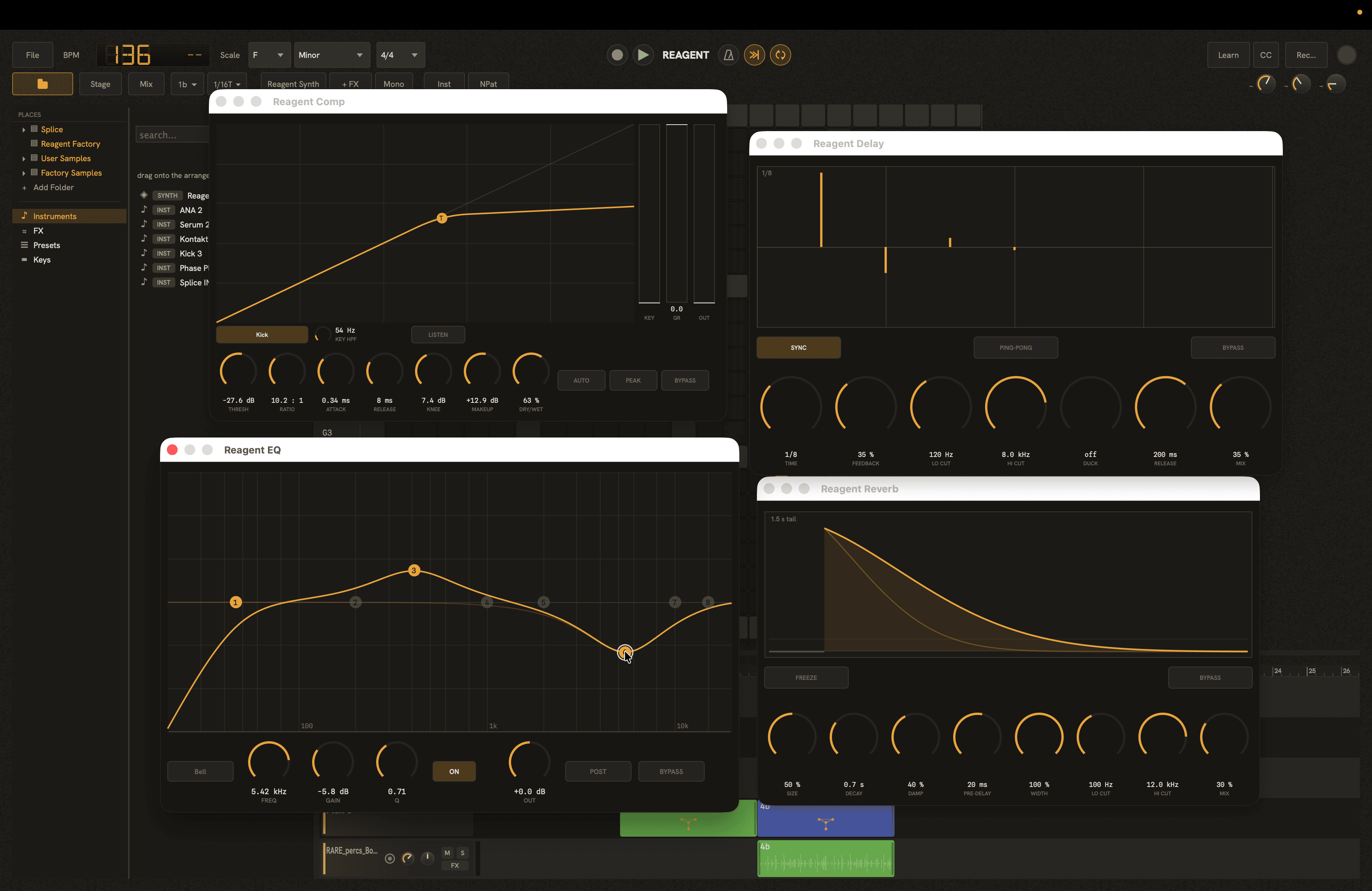 Reagent's built-in EQ, compressor, delay and reverb, with the compressor sidechained to the kick